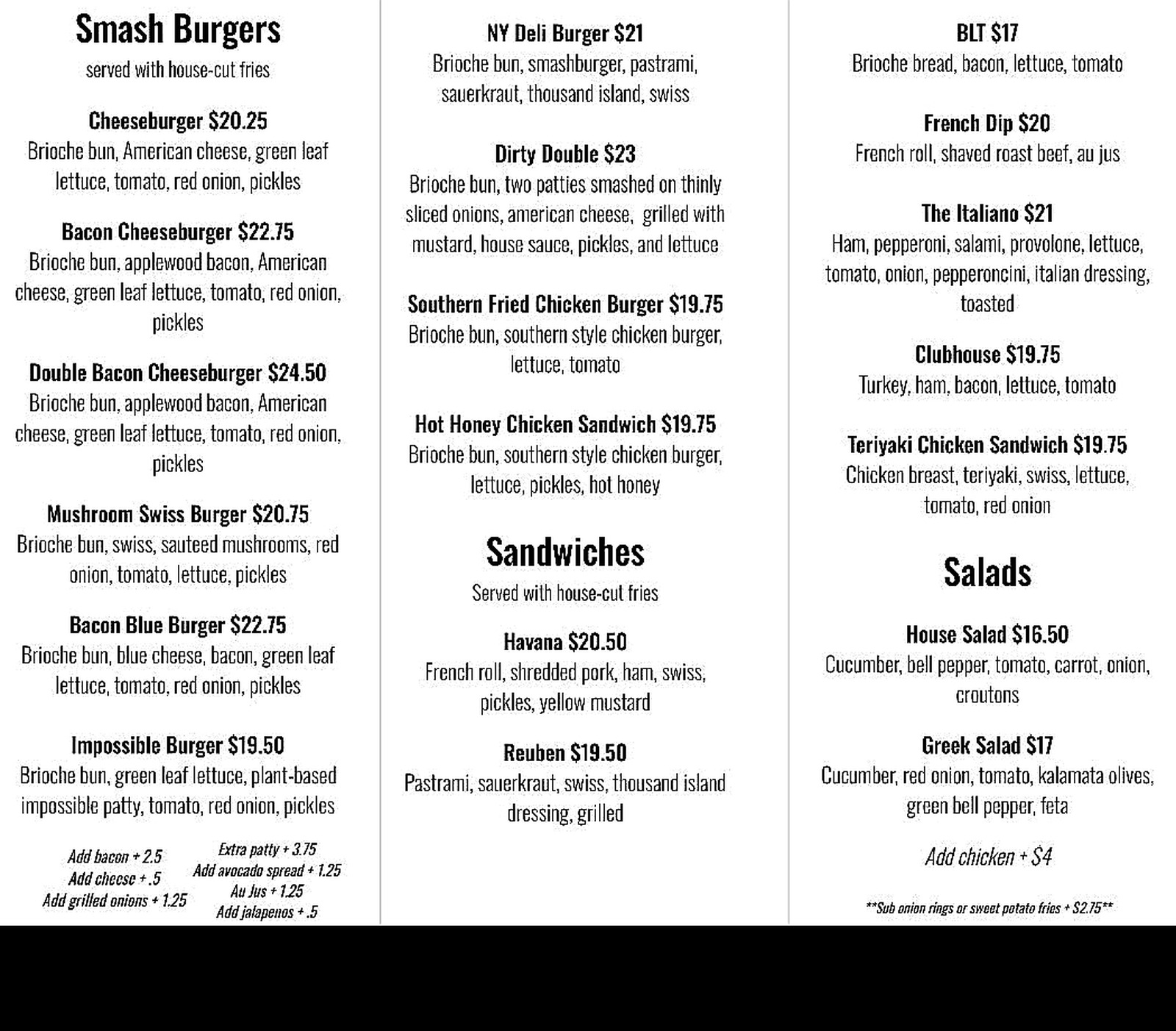 Small Craft Cafe menu page with burgers, sandwiches, and salads.