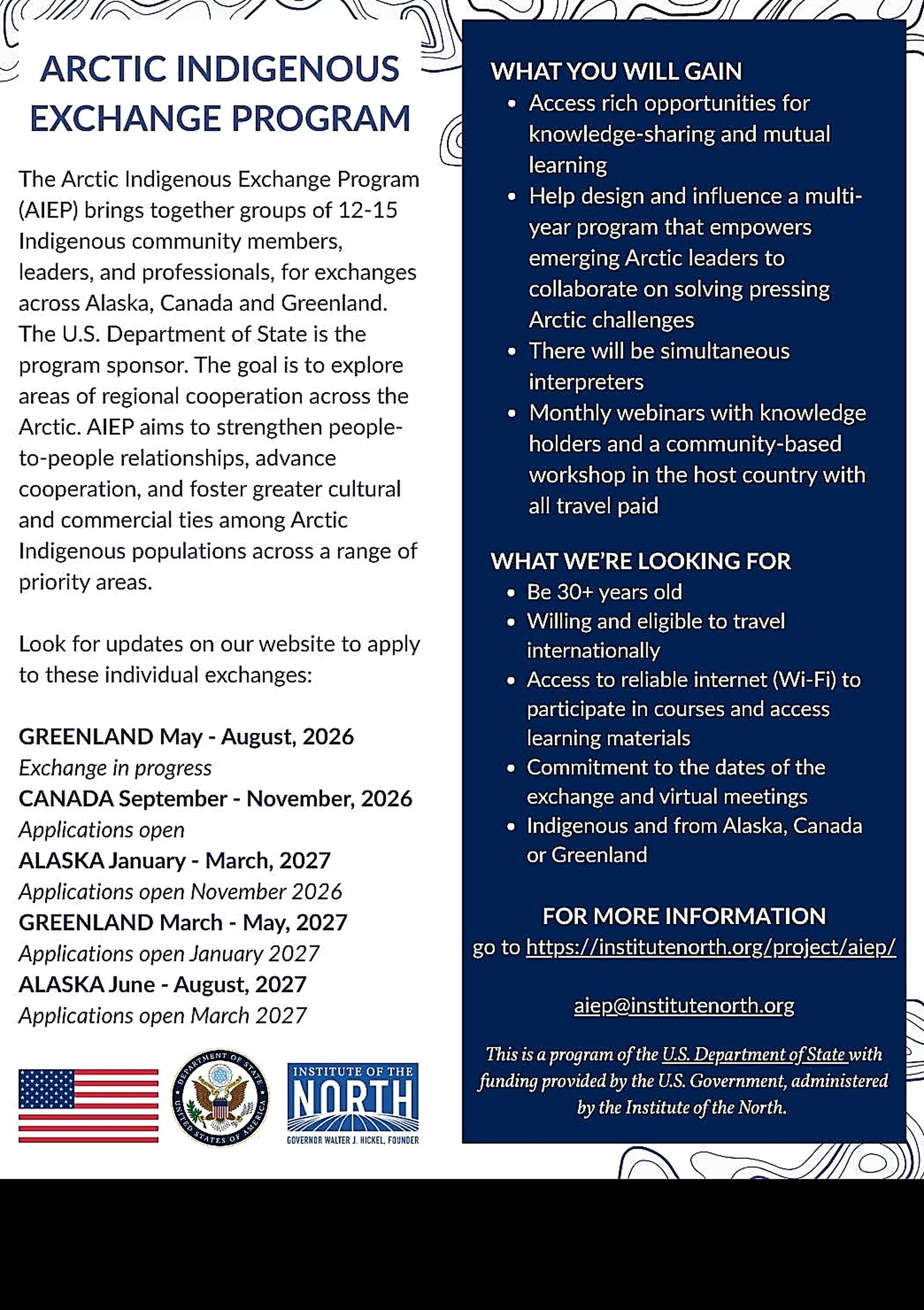 Arctic Indigenous Exchange Program flyer outlining exchange timing, participant criteria, and contact information.