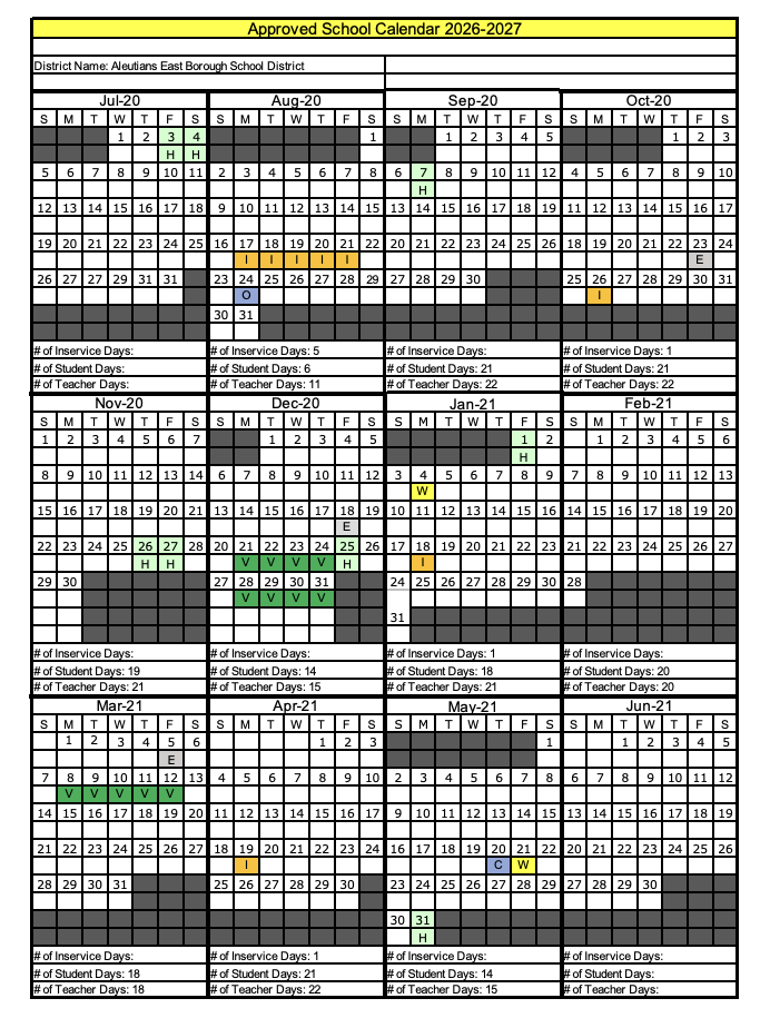 Aleutians East Borough School District Approved School Calendar 2026-2027