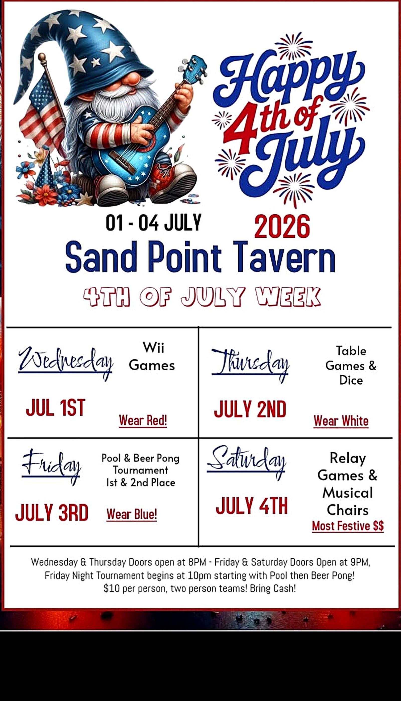 Sand Point Tavern Fourth of July Week flyer listing events from July 1 through July 4, 2026.
