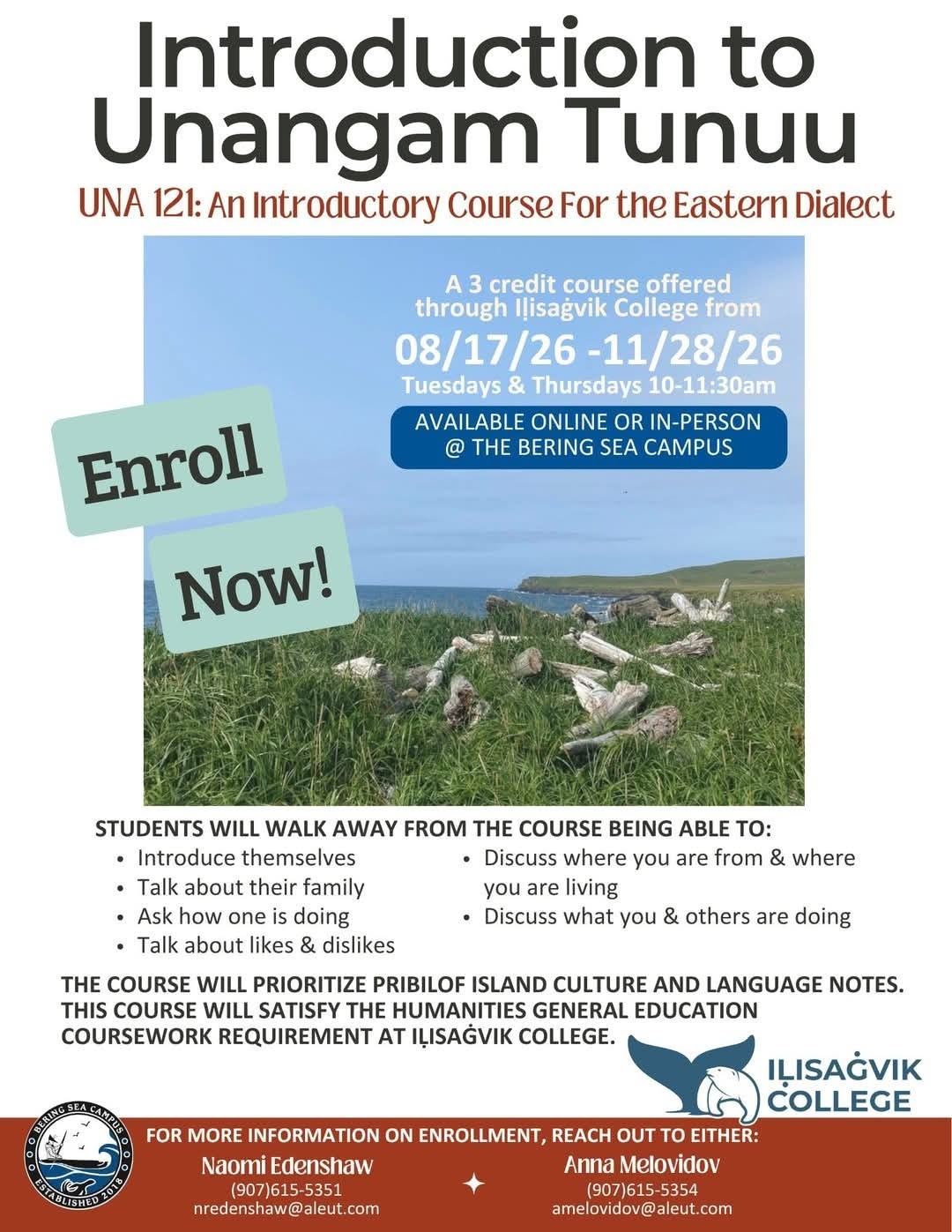 Iḷisaġvik College flyer: Introduction to Unangam Tunuu, UNA 121, Eastern Dialect, Aug 17–Nov 28 2026, Tuesdays and Thursdays 10–11:30 a.m., online or in-person at the Bering Sea Campus.