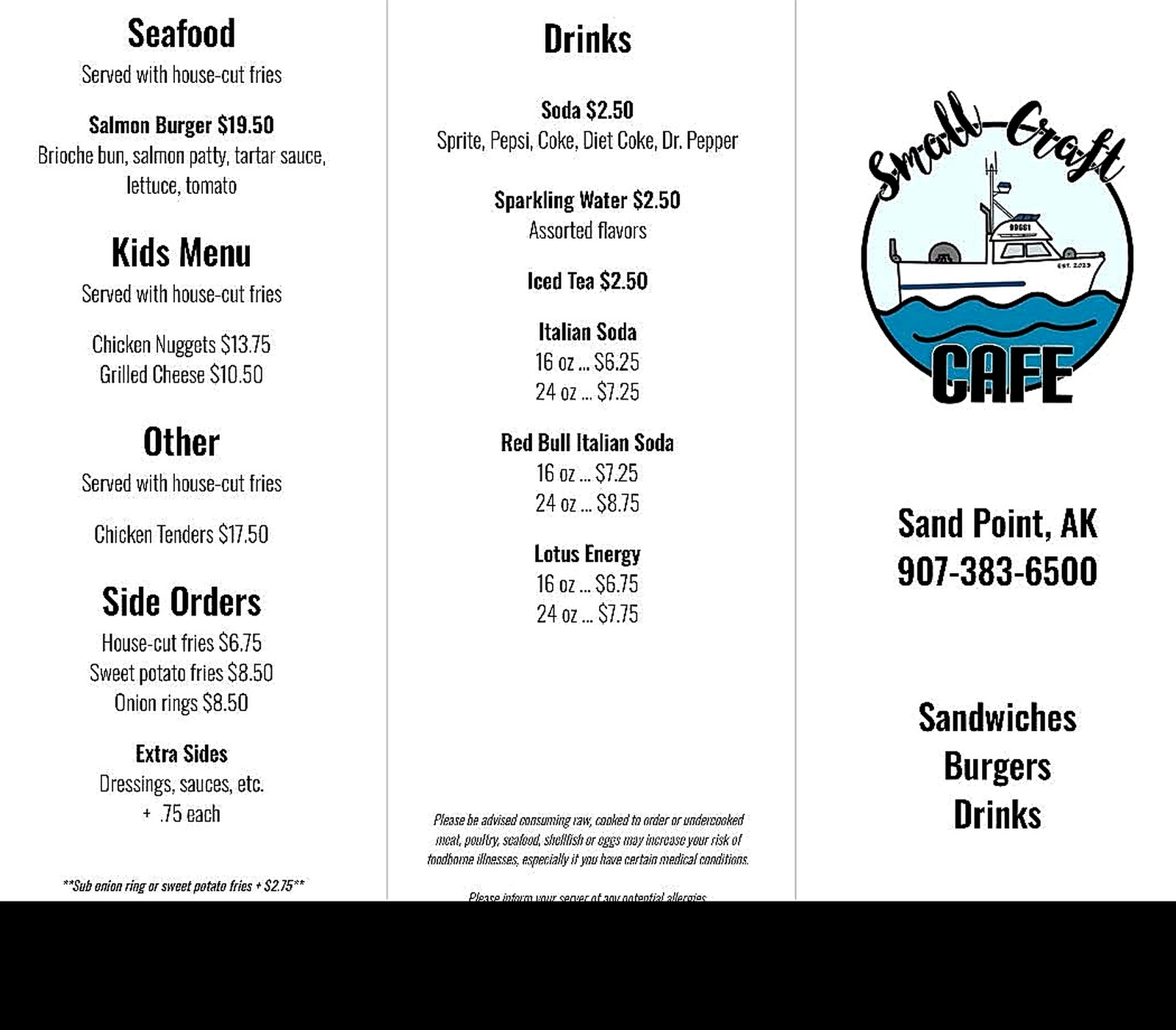 Small Craft Cafe menu page with seafood, kids menu, side orders, and drinks.
