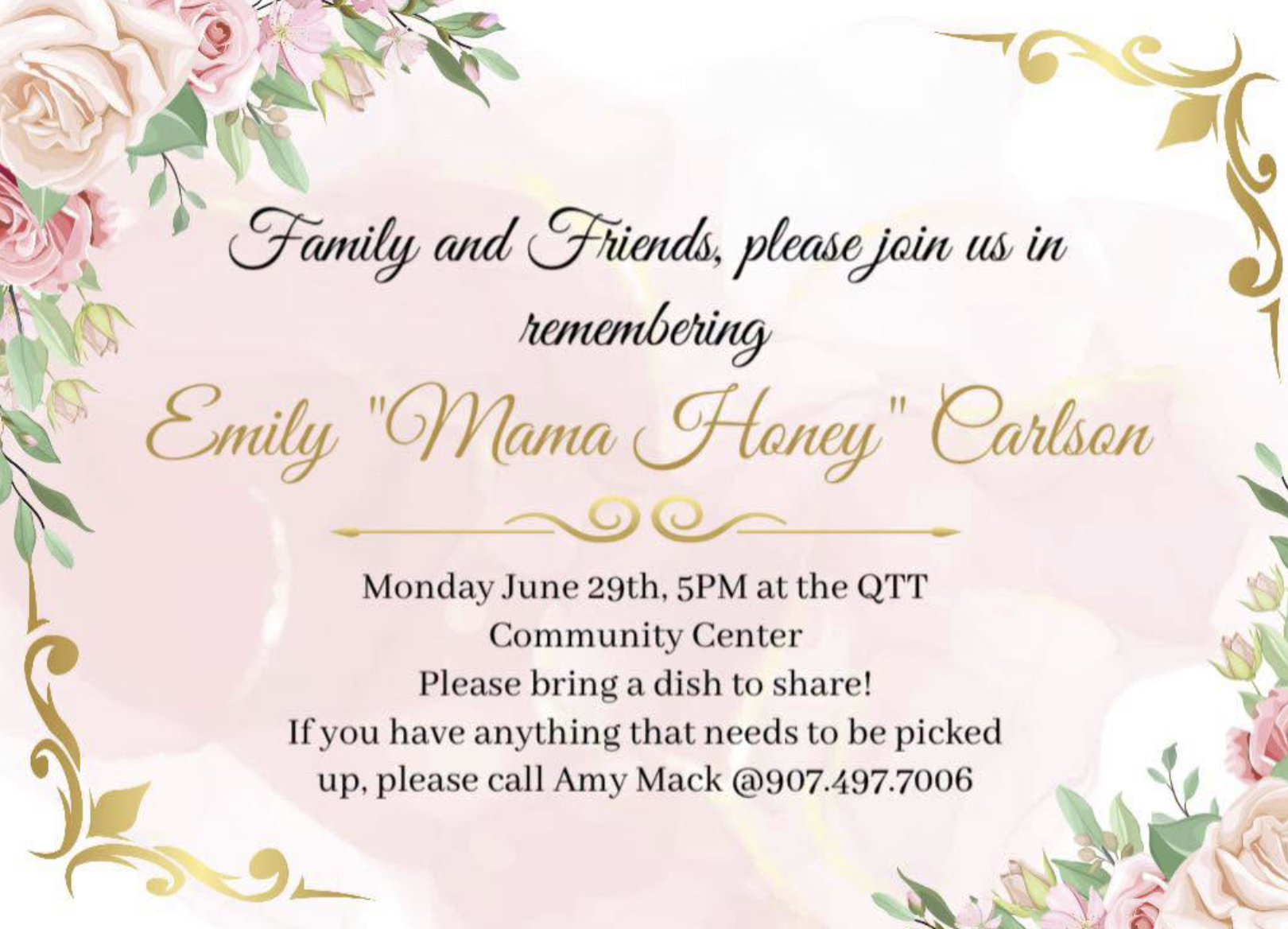 Emily "Mama Honey" Carlson memorial flyer