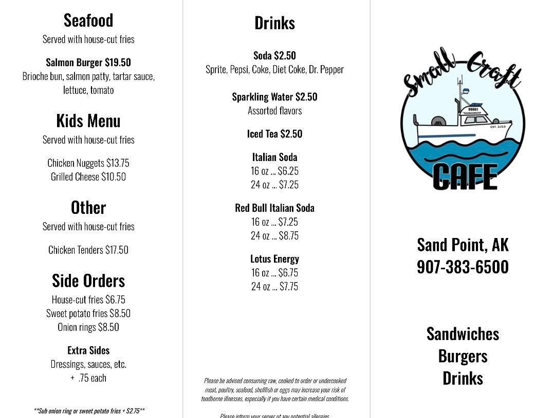 Small Craft Café menu page 1