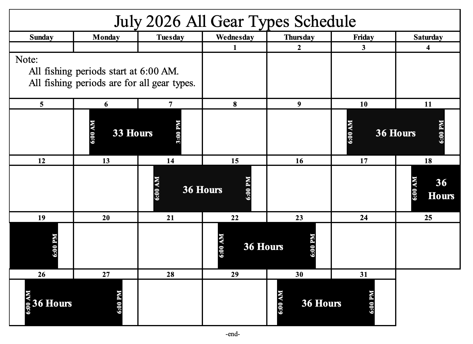 July 2026 Area M All Gear Types Fishing Schedule calendar